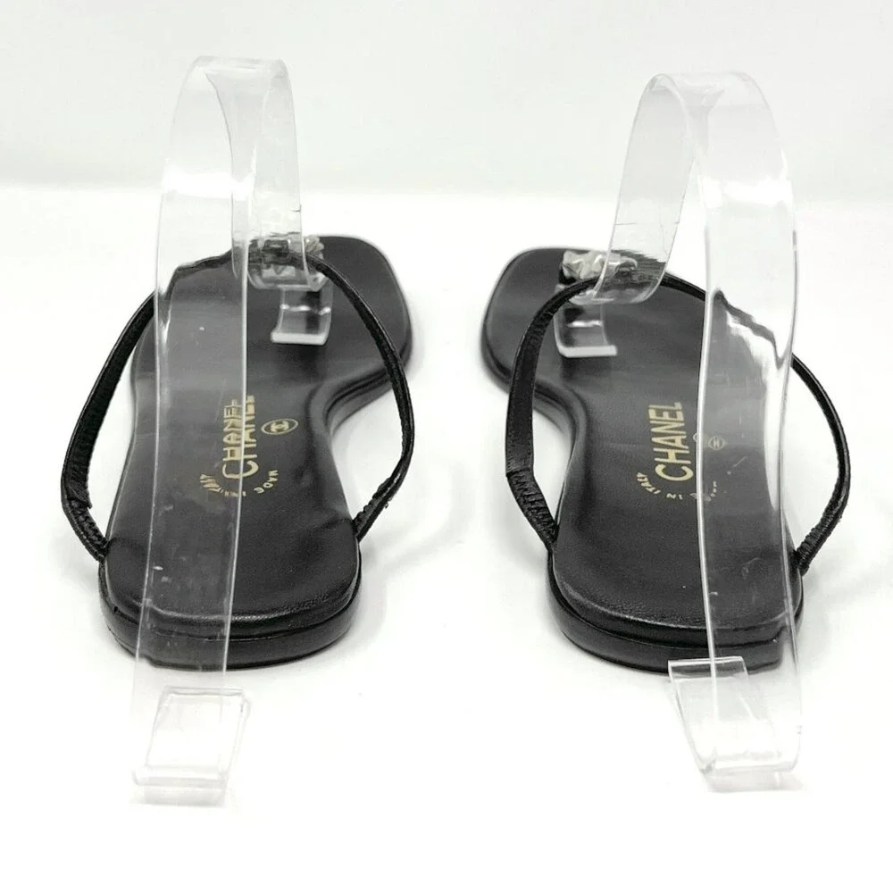 Chanel Black Leather CC Logo‎ Flat Thong Sandals 36.5 Vintage